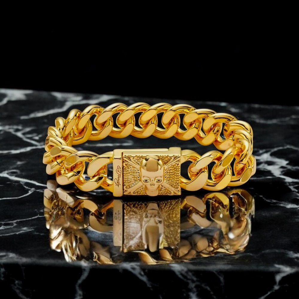 NWT Ed Hardy Men's Gold Ion-Plated Stainless Steel Skull Link Bracelet 8.5" Y2K - Picture 1 of 5